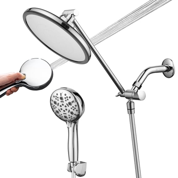 Joyrain High Pressure 8-inch Overhead Shower & 8-Mode Handheld Combo with Straight Extension Arm, Adjustable Angle & Height, Brushed
