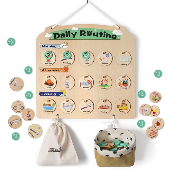 Joyreal Children's Wooden Visual Timetable - Three-row Hanging Daily Timetable