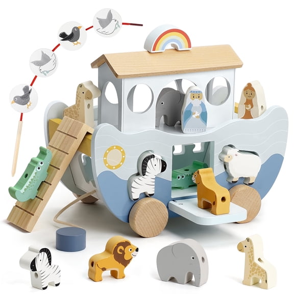 Joyreal Wooden Noah's Ark Shape Sorter  Neutral Color Christian Toy for Toddlers 1-3, Christening Birthday Gift for Baby Boy Girl