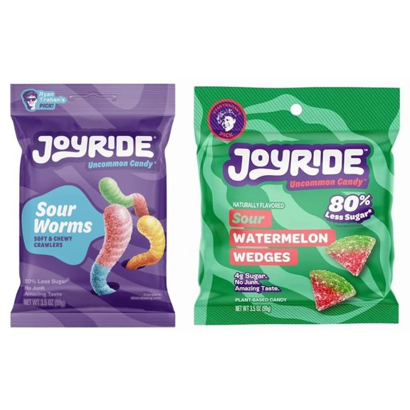 Joyride Gummy Candy Variety 2 Pack Sour Worms 3.5 oz & Sour Watermelon Wedges 3.5 oz Low Sugar, Keto-Friendly, Gluten Free, Plant Based Sour Candy