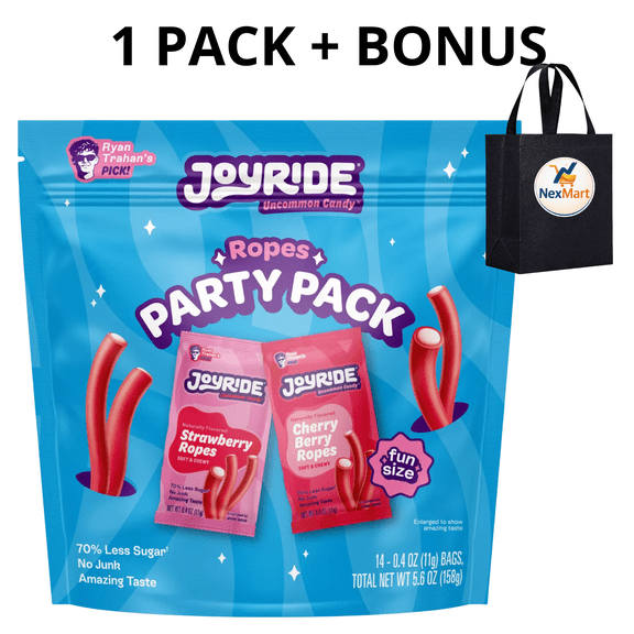 JOYRIDE Ropes Party Pack, 70% Less Sugar, Soft & Chewy, Strawberry & Cherry Berry, 14 Bags, 5.6 oz + BONUS