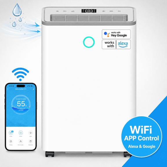Joysailor 32 Pint Smart Dehumidifier for Basement and Home, with Drain Hose, 2500 Sq Ft, Wi-Fi and Alexa Compatible, Auto Defrost, Overflow Protection, White