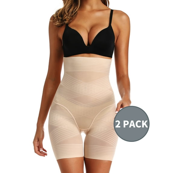 Joyshaper 2 Pack Waist Cross Compression Shapewear Shorts for Women Tummy Control Body Shaper Thigh Slimmer Panties Fajas Colombianas Beige M