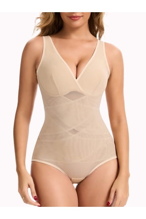 Shapewear Bodysuits for Women Tummy Control Faja Body Shaper Waist Trainer V Neck Body Suit with Built in Bra