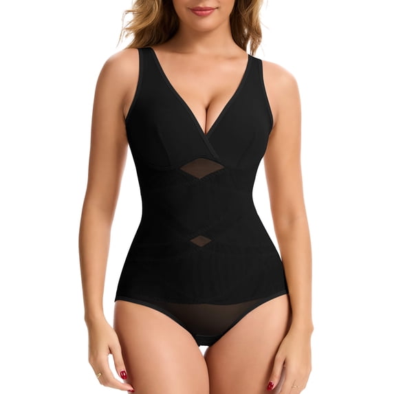 Vaslanda Shapewear Bodysuits for Women Tummy Control Faja Body Shaper Waist Trainer V Neck Body Suit with Built in Bra