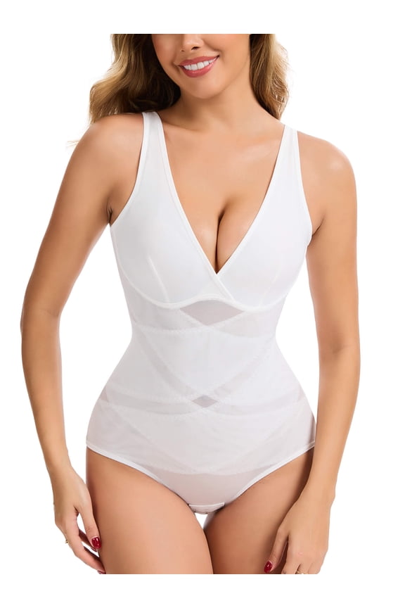 Shapewear Bodysuits for Women Tummy Control Faja Body Shaper Waist Trainer V Neck Body Suit with Built in Bra
