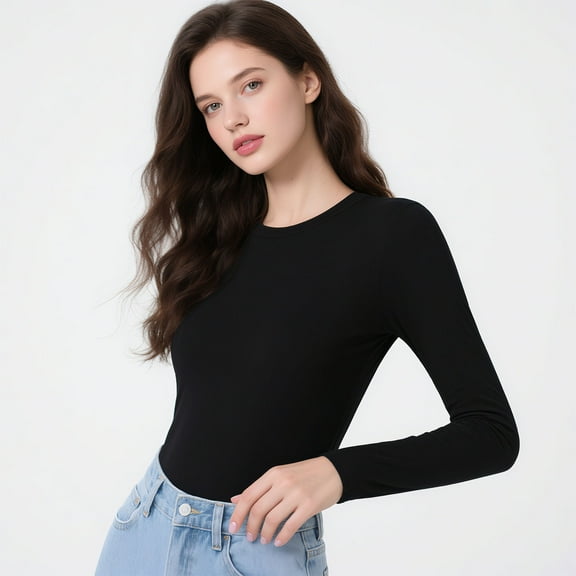 Joyshaper Long Sleeve Top for Women Round Neck Plain Top Slim Fit Basic Casual Tops