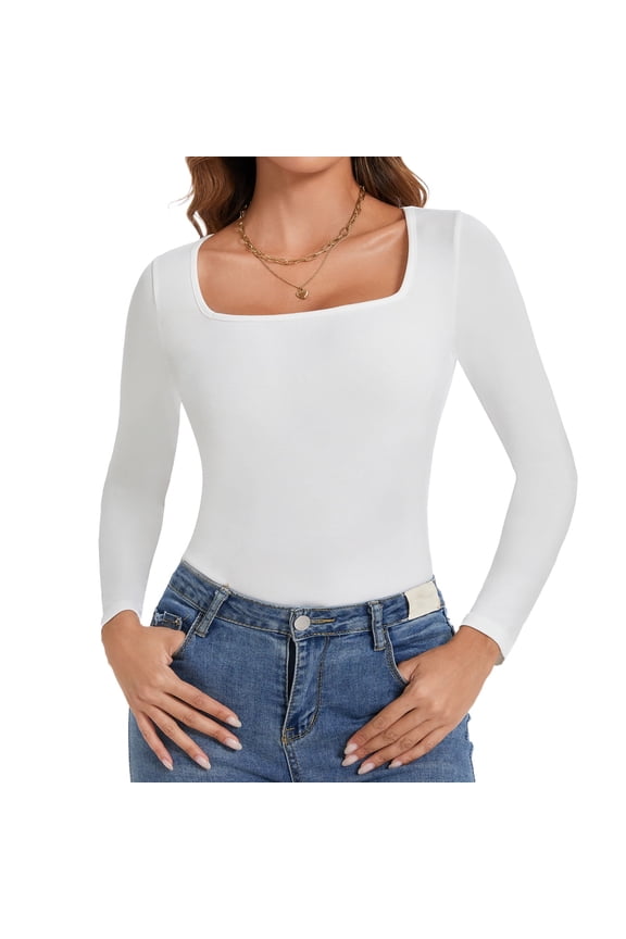 Women's Long Sleeve Square Neck T-Shirt Base Layer Solid Slim Fit Tops Winter Base Layer