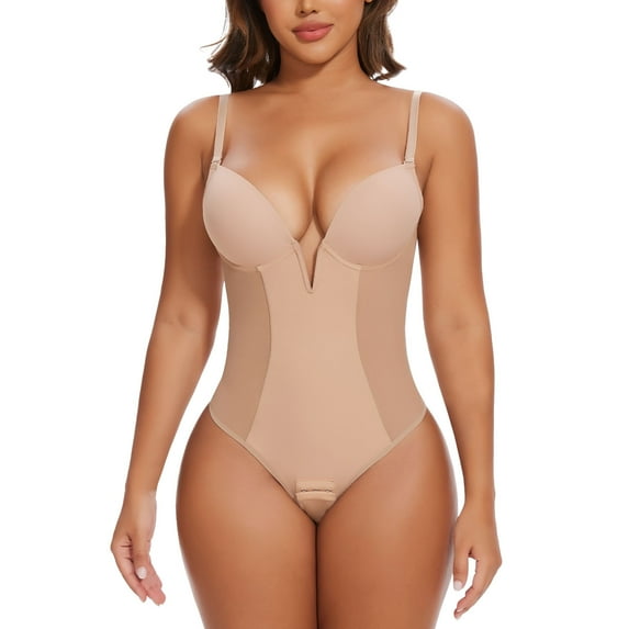 Joyshaper Women's Low Back Shapewear V Plunge Low Back Thong Shapewear Tummy Control Body Shaper