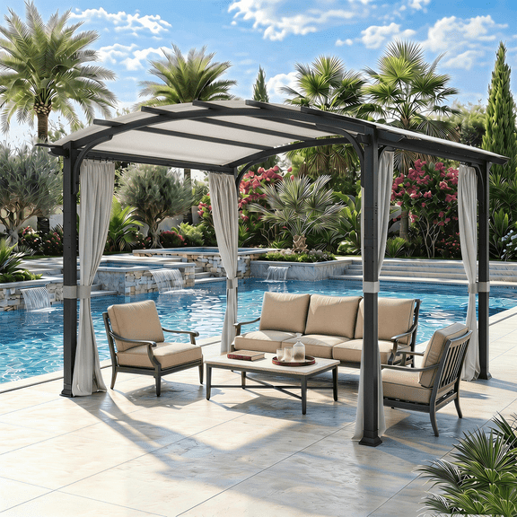 Joyside 10'x10' Patio Gazebo Steel Arched Pergola with Canopy for Patios,Yards,Gardens,Poolside Areas,Beige