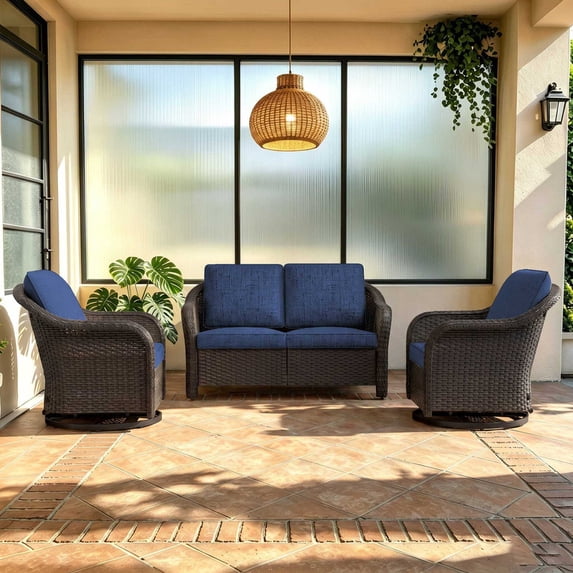 Joyside 3 PCS Patio Conversation Set with 55" LoveSeat Sofa & 360° Swivel Chairs, Wicker Rattan Outdoor Furniture with Washable Cushions for Garden, Lawn, DarkBlue