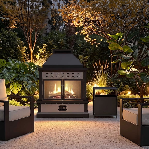 Joyside 47 Inch Outdoor Fireplace, 50,000 BTU Propane Gas Fire Pit Table with Ceramic Logs & Rain Cover, Vent-Free Outdoor Heater for Patio Garden, Gray/Black