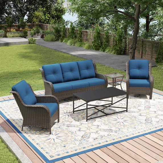 Joyside 5 PCS Patio Furniture Set with 3-Seat Sofa, Side Table & Coffee Table, 2 Wicker Chairs with High Back, Deep Seating, Wide Armrest, Thick Cushions for Deck Porch, DarkBlue