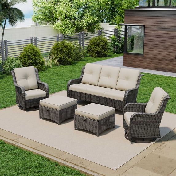 Joyside 5 PCS Wicker Patio Furniture Set, Rattan Patio Chairs with Sofa and Ottomans, Deep Seating, High Back, Thick Cushions, Outdoor Furniture Set for Deck Porch, Beige