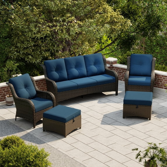 Joyside 5 PCS Wicker Patio Furniture Set, Rattan Patio Chairs with Sofa and Ottomans, Deep Seating, High Back, Thick Cushions, Outdoor Furniture Set for Deck Porch, DarkBlue