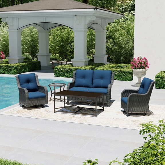 Joyside 5 Piece Wicker Patio Set with 2-Seat Loveseat Sofa, 2 Swivel Rocker Chairs, Side Table & Coffee Table, Outdoor Furniture Sectional Conversation for Deck Porch, DarkBlue