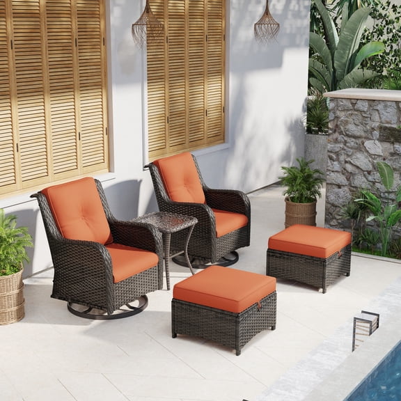 Joyside 5 Piece Wicker Patio Set with 2 Swivel Rocker Chairs, 2 Ottomans & Side Table, High Back, Deep Seating, Thick Cushions for Deck Porch, Orange