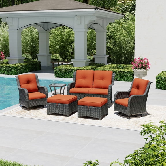 Joyside 6 Piece Wicker Patio Set with 2-Seat Loveseat Sofa, 2 Swivel Rocker Chairs, 2 Ottomans & Side Table, Outdoor Furniture Sectional Conversation Set for Deck Porch, Beige