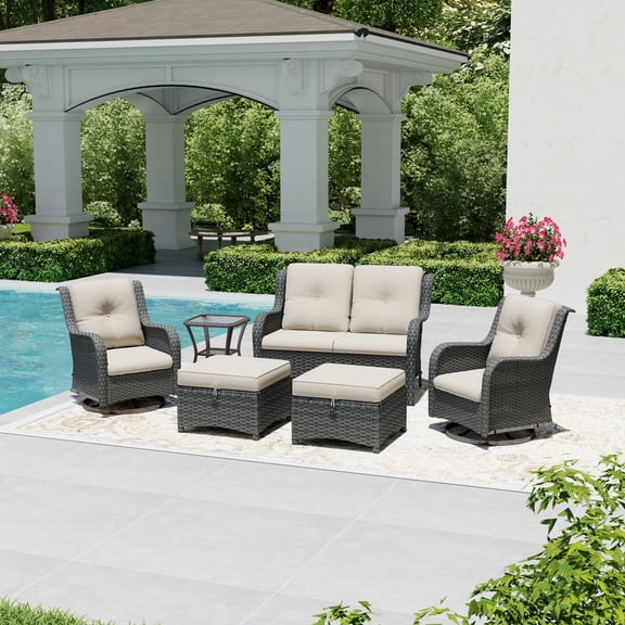 Joyside 6 Piece Wicker Patio Set with 2-Seat Loveseat Sofa, 2 Swivel Rocker Chairs, 2 Ottomans & Side Table, Outdoor Furniture Sectional Conversation Set for Deck Porch, Beige
