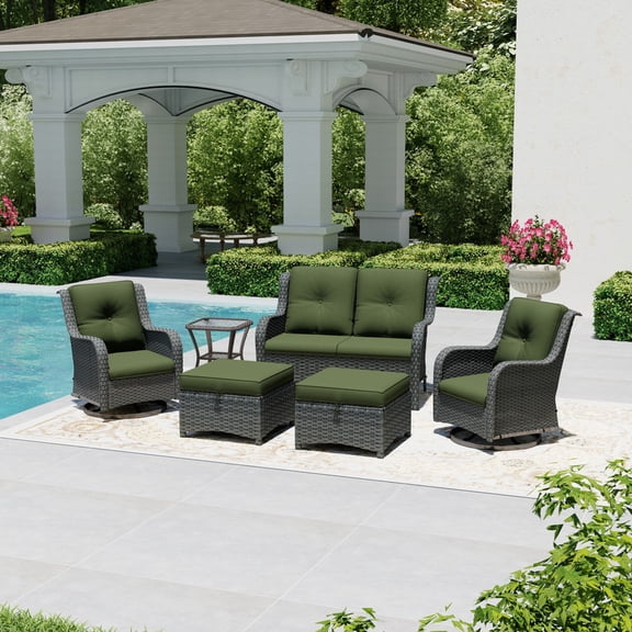 Joyside 6 Piece Wicker Patio Set with 2-Seat Loveseat Sofa, 2 Swivel Rocker Chairs, 2 Ottomans & Side Table, Outdoor Furniture Sectional Conversation Set for Deck Porch, Beige