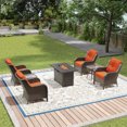 thumbnail image 1 of Joyside 7 PCS Patio Furniture Set with Side Tables & Fire Pit Table, 4 Wicker Chairs with High Back, Deep Seating, Wide Armrest, Thick Cushions for Deck Porch, Orange, 1 of 9