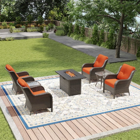 Joyside 7 PCS Patio Furniture Set with Side Tables & Fire Pit Table, 4 Wicker Chairs with High Back, Deep Seating, Wide Armrest, Thick Cushions for Deck Porch, Orange