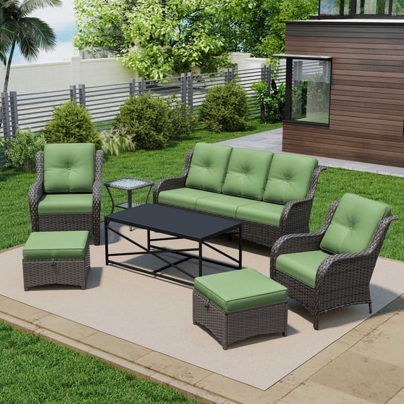 Joyside 7 PCS Wicker Patio Furniture Set, Rattan Patio Chairs with Sofa, Ottomans, Black Coffee Table and Side Table, Deep Seating, High Back, Thick Cushions, Outdoor Furniture Set, Green