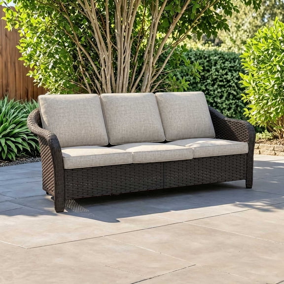 Joyside 78" Wicker 3-Seat Sofa, Outdoor Conversation Furniture, All-Weather Rattan Patio Couch with Steel Frame & Cushions for Garden, Poolside, Porch, Beige