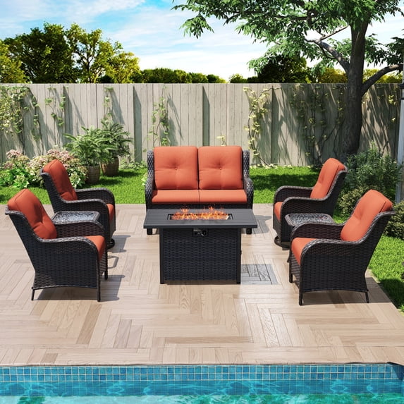 Joyside 8 PCS Wicker Patio Furniture Set, Rattan Patio Chairs with Sofa, Fire Pit Table and Side Table, Deep Seating, High Back, Thick Cushions, Outdoor Furniture Set for Deck Porch, Orange