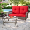 thumbnail image 1 of Patio Wicker Furniture Set - 2 Pieces Patio Conversation Set with One Love Seat & One Coffee Table, All Weather Resin Rattan Sofa & Table with Olefin Cushions for Patio(Brown/Red), 1 of 6