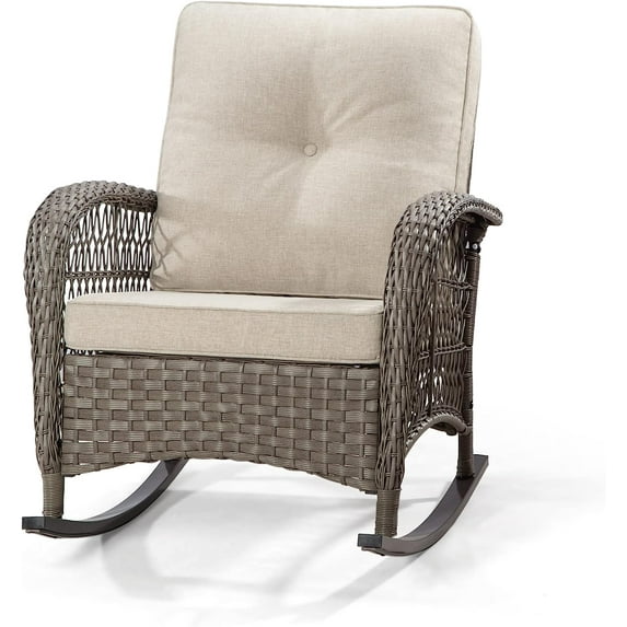 Joyside Patio Wicker Rocking Chair - All-Weather Outdoor Rocker Chair with Safe Rocking Design and Premium Fabric Cushions(Mixed Grey/Beige)
