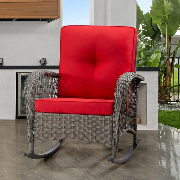 Joyside Patio Wicker Rocking Chair - All-Weather Outdoor Rocker Chair with Safe Rocking Design and Premium Fabric Cushions(Mixed/Red)