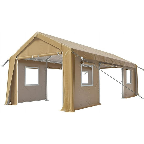 Joyspirit 12'x20' Heavy-Duty Waterproof Carport Canopy, Portable Garage with 4 Roll-Up Doors and 4 Windows – All-Season Storage for Cars, Trucks, and Boats in Earthy Yellow