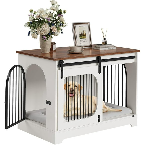 Joyspirit Dog Crate Furniture, 39.4 Inch Medium Dog Crates with Bed Mat, Wooden Dog Kennel Furniture, End Side Table Dog Cage with 3 Doors, White/Brown