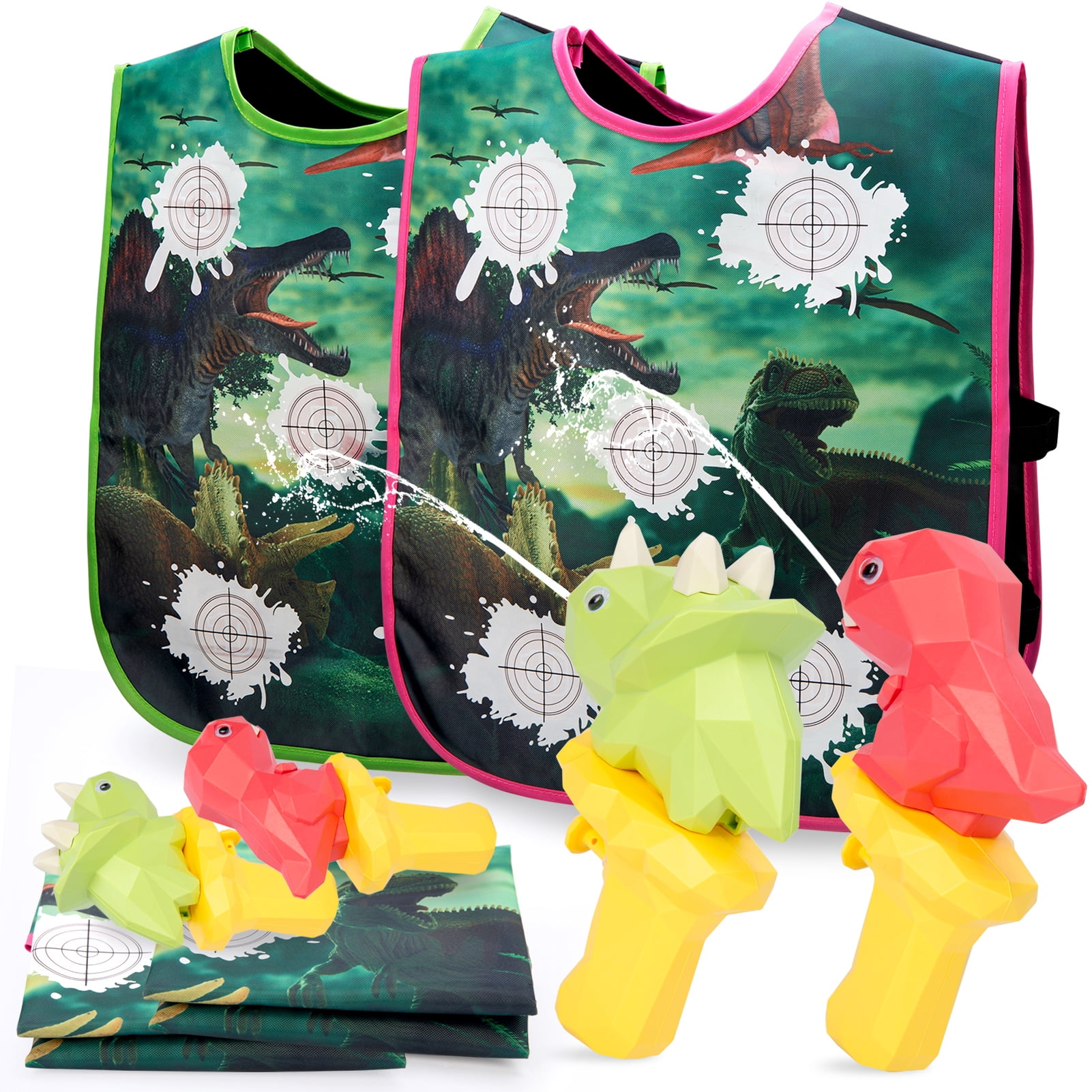 Joyspirit Outdoor Dinosaur Squirt Gun Set, 8-Pack Super Soaker Water Blasters with Water-Activated Vests for Summer Fun