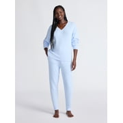 Joyspun Women's Fuzzy Knit V-Neck Top and Joggers Set, 2-Piece, Sizes XS-3X