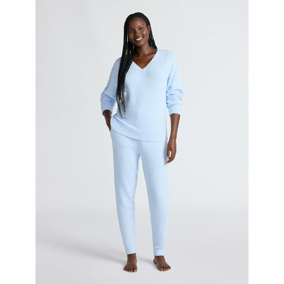 Joyspun Women's Fuzzy Knit V-Neck Top and Joggers Set, 2-Piece, Sizes XS-3X