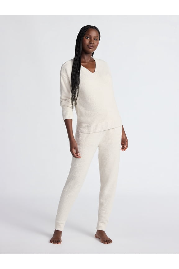Women's Fuzzy Knit V-Neck Top and Joggers Set, 2-Piece, Sizes XS-3X
