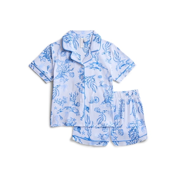 Joyspun Girls Mommy and Me Notch Collar Top and Shorts Family Matching Pajama Set, Sizes XS-XXL