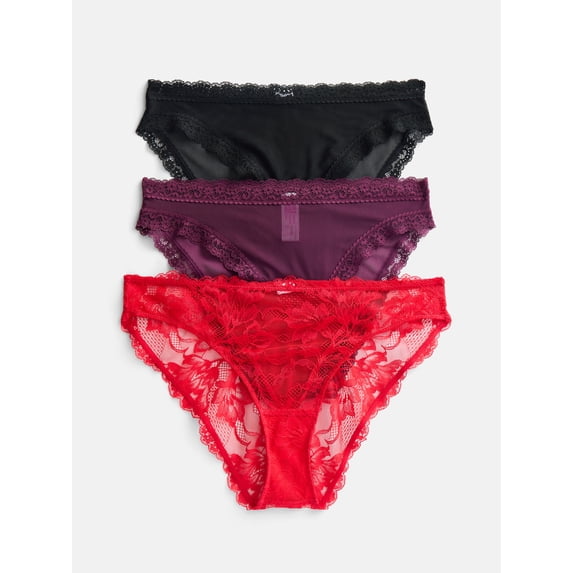 Joyspun Women's Lace Cheeky Panties, 3 Pairs, Red/Rio Plum/Black, Size XL