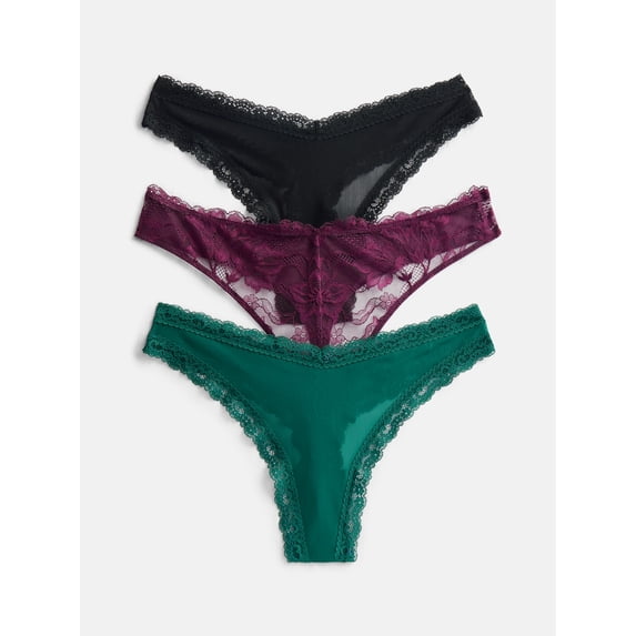 Joyspun Women's Sheer Lace Thong Panties, 3 Pack, Rio Plum/Green Tropic/Black, Size S