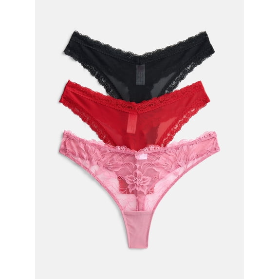Joyspun Women's Sheer Lace Thong Panties, 3-Pair Set, Terracotta/Red/Black, Size L