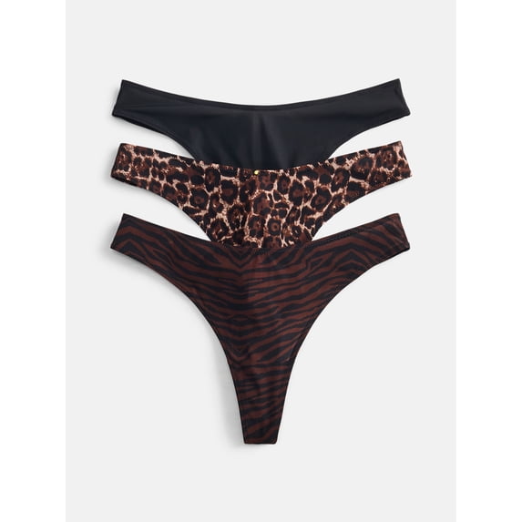 Joyspun Silky Mesh Women's Thong Panties, 3-Pack, Zebra/Leopard/Black Print, Size S