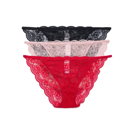 Joyspun String Bikini Panties with Scalloped Lace, 3-Pack, Sizes XS-3XL
