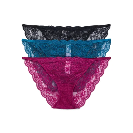 Joyspun String Bikini Panties with Scalloped Lace, 3-Pack, Sizes XS-3XL