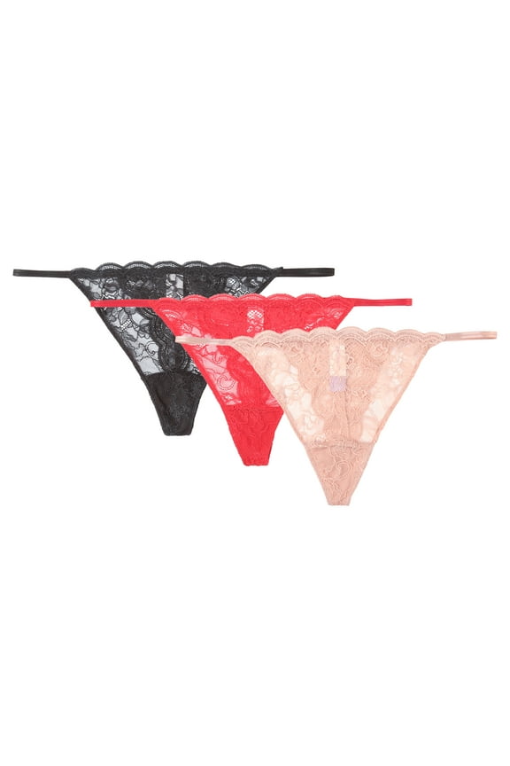 String Thongs with Scalloped Lace, 3-Pack, Sizes XS-3XL