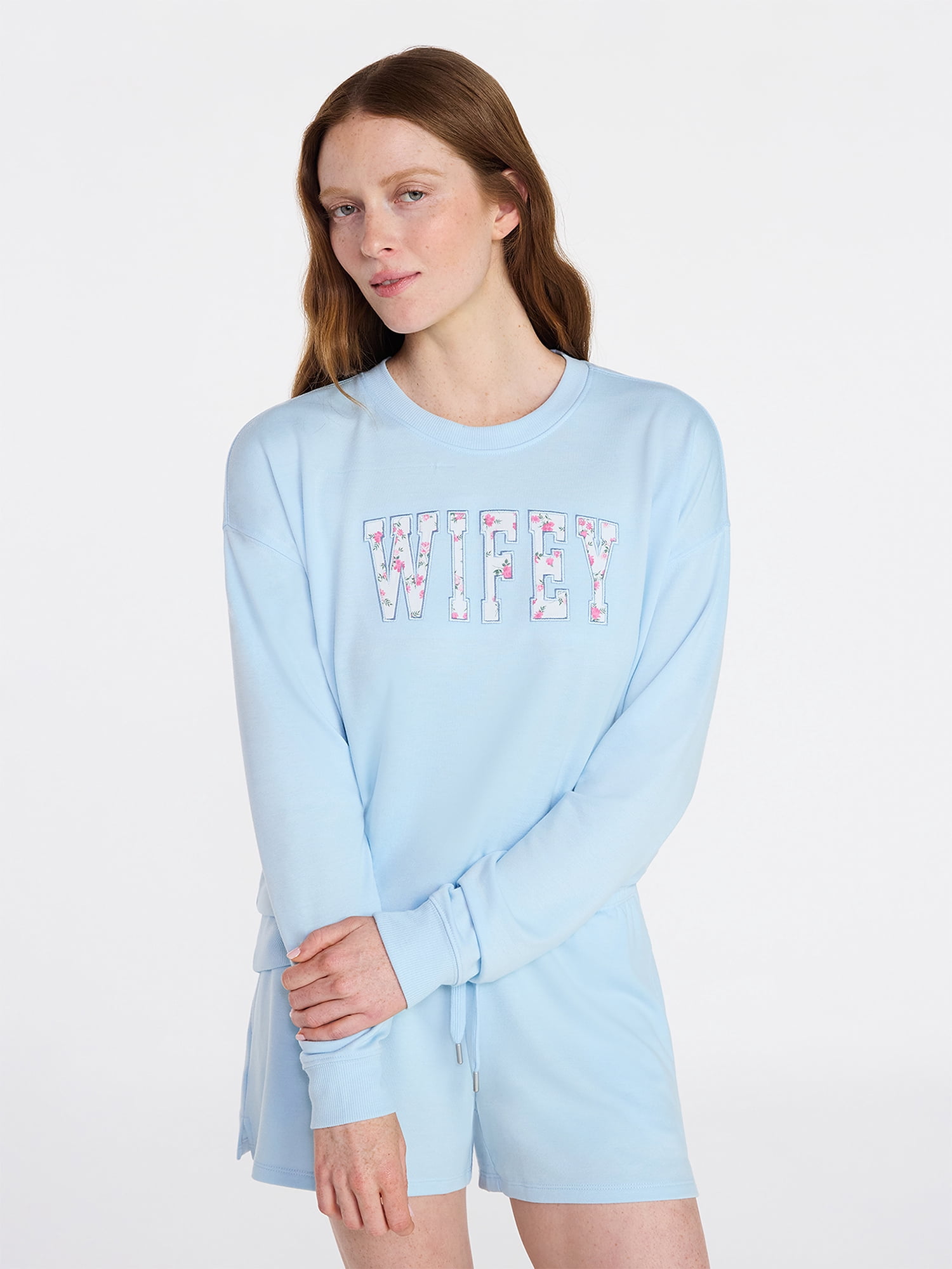 Joyspun Women's Bridal French Terry Knit Long Sleeve Top and Shorts Pajamas Set, Sizes XS-3X