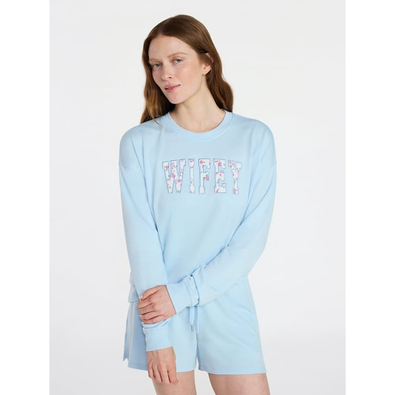 Joyspun Women's Bridal French Terry Knit Long Sleeve Top and Shorts Pajamas Set, Sizes XS-3X