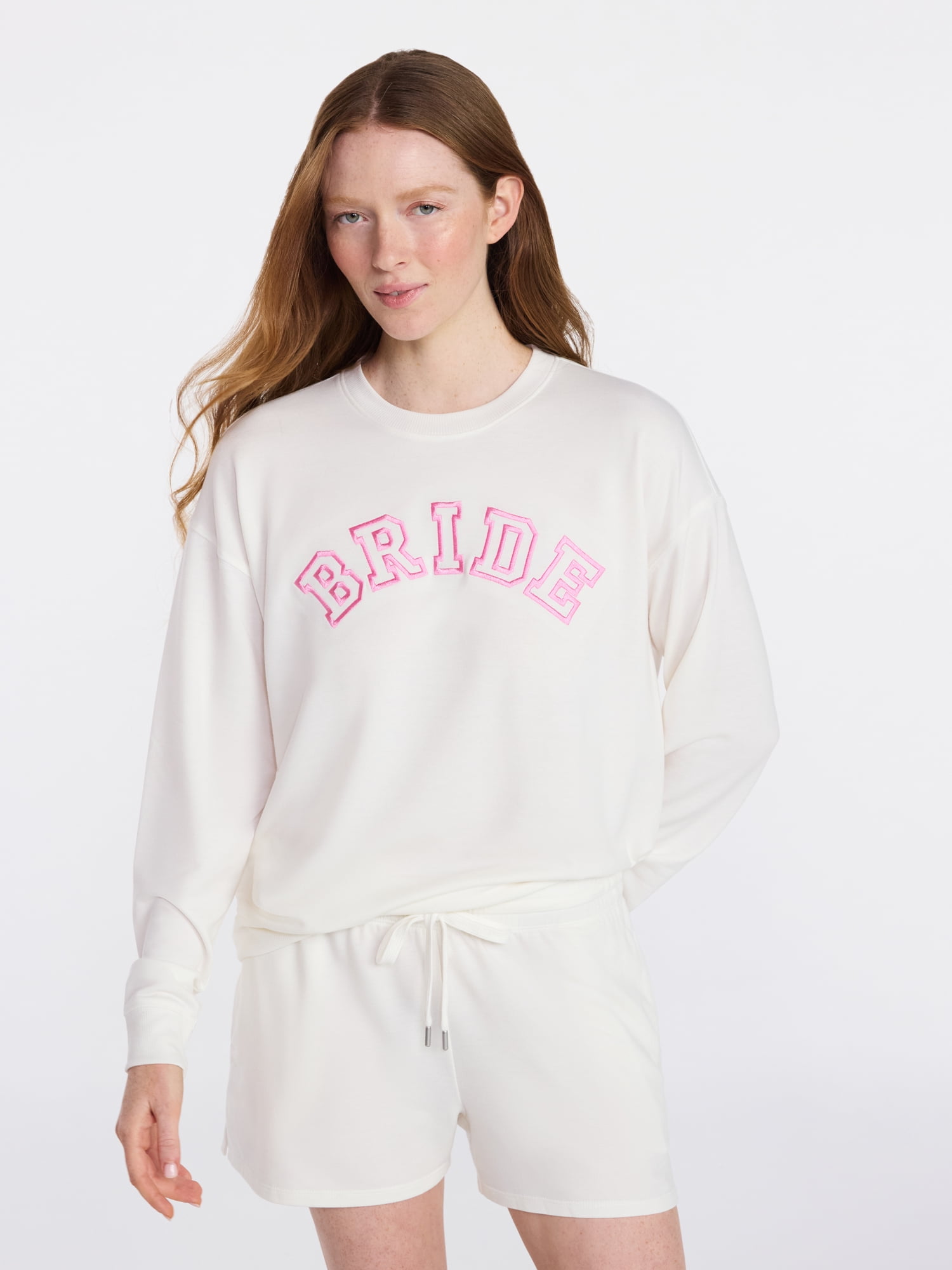 Joyspun Women's Bridal French Terry Knit Long Sleeve Top and Shorts Pajamas Set, Sizes XS-3X
