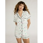 Joyspun Women’s Short Sleeve Notch Collar Top and Shorts Knit Pajama Set, 2-Piece, Sizes S to 3X